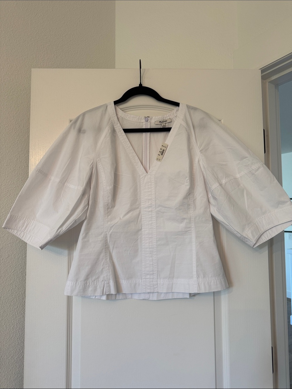 Madewell White V-Neck Puff Sleeve Blouse